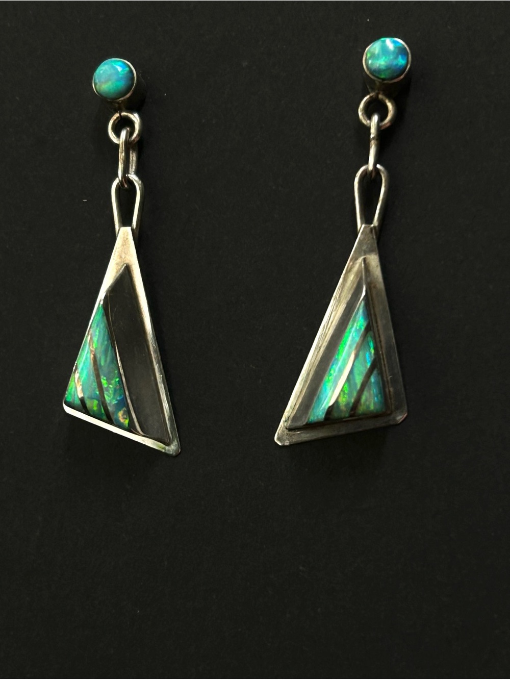 Sterling Silver Drop Earrings with Blue-Green Opal Inlay, signed BWAJ